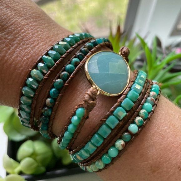 Madam P Jewelry - Boho Style Leather Turquoise Wrap Bracelet